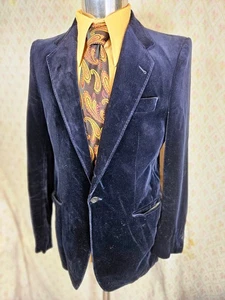 Groovy Vintage 1970s Dark Blue Velvet Sports Jacket Blazer Suits Chest Size 38 - Picture 1 of 7