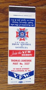 FRATERNAL V.F.W. POST 3537 MATCHBOOK COVER: FOLLANSBEE, WV EMPTY MATCHCOVER -A9 - Picture 1 of 2