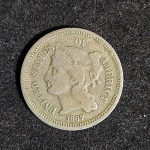 1867 Three-Cent Nickel 3CN - Olive Gray Original Toning - Fine - Picture 1 of 4