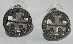Tory Burch Circle Pavé Double Clear Stone T Logo Stud Earrings - Silvertone - Picture 1 of 5