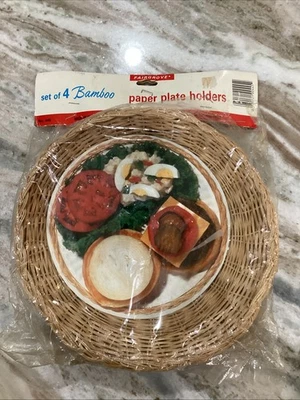 Juego de 4 soportes para platos de papel de mimbre de bambú Fairgrove vintage en paquete original Foto 1 de 4