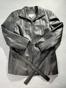 Worthington Leather Jacket Womens Large Long Tall Full Zip Self Belt Bomber - Picture 1 of 17