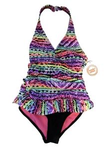 Wonder Nation Swimsuit 1-Pc Girls Size Small 6-6X Bathing Suit Black Neon - Picture 1 of 7