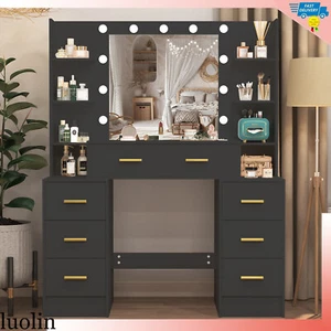 Vanity Makeup Table Set Dressing Desk With 11 LED Lighted Mirror & 7 Drawers New - Picture 1 of 12
