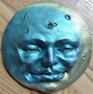 Handmade Moon Face by Claybraven 8" Wall Art Sculpture Metallic Colors Gold Blue - Picture 1 of 5