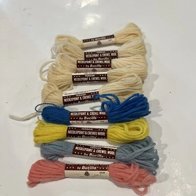 Vtg Crewel Wool Yarn Bucilla Persian Needlepoint 9 Skeins 3 Ply Assorted Colors - Image 1 of 3