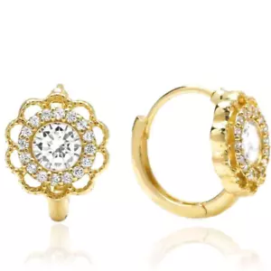 0.8Ct CZ Halo Flower Huggie Hoop Earrings 14K Yellow Gold 0.5" - Picture 1 of 4