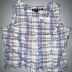 Route 66 women’s top small button front sleeveless purplebeige plaid 100% cotton - Picture 1 of 12