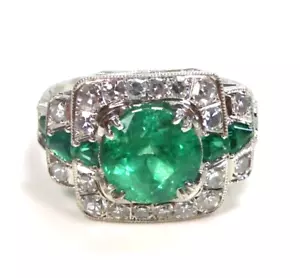 Antique Art Deco GIA Colombian Emerald Diamond Platinum Ring Size 6 UK-L1/2 Fine - Picture 1 of 12