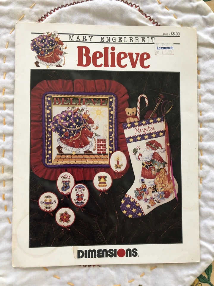 Mary Engelbreit BELIEVE cross stitch booklet by Dimensions Stocking, Ornament - Image 1 of 1