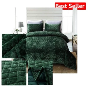 Elegant 3-Piece Blackish Green Velvet Quilt Set, King Size with Diamond Quilting - Picture 1 of 7