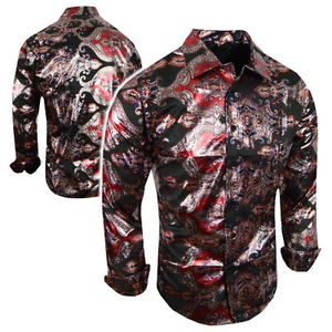 Mens Shirt Black Italian Designer Shiny Foil Florals Smooth Stretch Button Dress - Picture 1 of 7