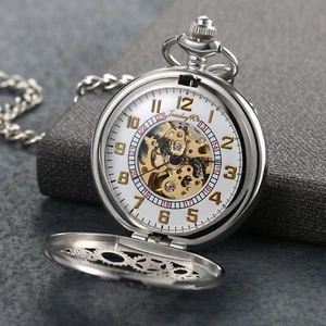 Vintage Mens Womens Pocket Watch Mechanical Silver Tone Steampunk Skeleton Chain - Picture 1 of 10