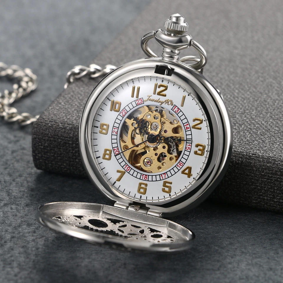Reloj Bolsillo Mecánico Vintage Hombre Mujer Tono Plateado Steampunk Cadena Esqueleto Foto 1 de 4