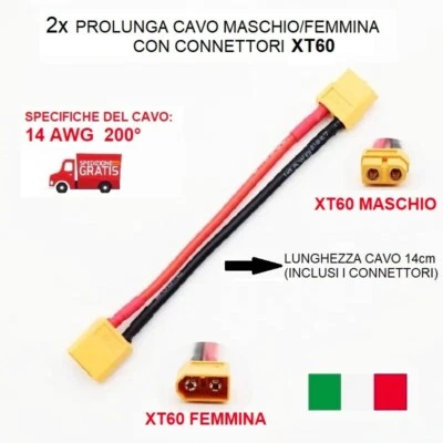 2x Prolunga MASCHIO FEMMINA Cavo XT60 Connetttori XT60 14 AWG resiste 200 Gradi - Immagine 1 di 2