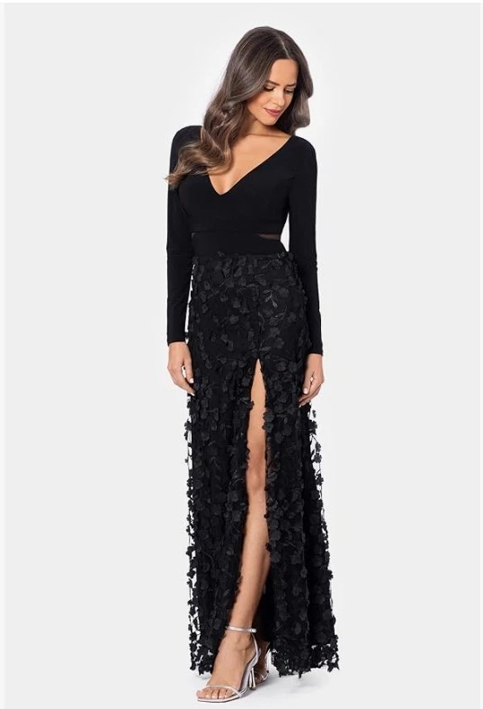 Vestido formal novo com etiquetas Xscape preto floral tamanho 14P manga longa malha cintura - Imagem 1 de 4