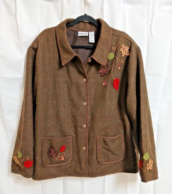 Vtg Fashion Bug Brown Wool  Blazer Herringbone Applique Embroidered Sz 26/28 W - Image 1 of 4