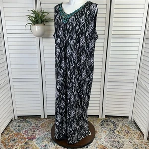 New Catherines Black White Ikat Maxi Dress Turquoise Gemstone Neck Plus Size 5X - Picture 1 of 9
