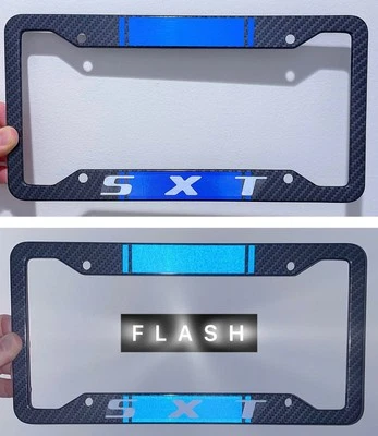 Reflective Blue SXT Metal Carbon Fiber Look License Plate Frame - Image 1 of 4