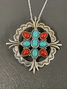 VTG Quoc Turquoise Coral Sterling Silver Pendant Native American Indian Inspired - Bild 1 von 7