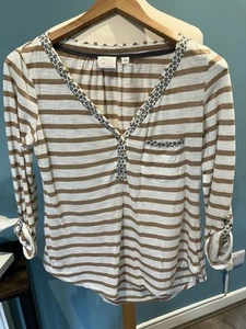 9-H15 Stcl Anthropologie Ladies Casual Top 3/4 Sleeve Striped Ruffles Long Small - Picture 1 of 9