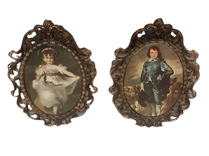 2 Vtg Ornate Metal Framed Wall Picture Print on Fabric Dancing Girl & Blue Boy - Picture 1 of 9