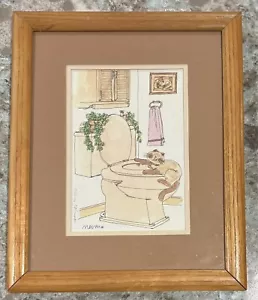 Impresión de dibujos animados firmada de Nevin Robinson gato bellamente enmarcado y mate en el baño - Imagen 1 de 3
