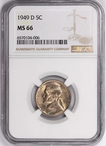 Jefferson Nickel 1949 D 5C certificado NGC MS66-de rollos originales - Imagen 1 de 2