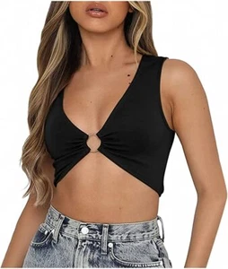 New ADIKA Women's Black Tank Top O-Ring Open Front Sz Small Summer Beach NWT H3 - Picture 1 of 12