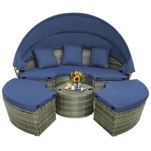 Patio Rattan Daybed Outdoor Sectional Seating w/ Retractable Canopy & Side Table - Picture 1 of 10