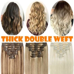 US Thick Clip In Hair Extensions Highlight Remy Real Human Full Head Double Weft - Picture 1 of 168