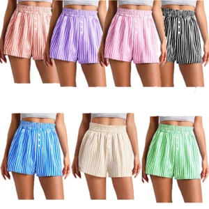 Womens Pants Straight Leg Shorts High Waist Trousers Nightwear Striped Stretch - Picture 1 of 80