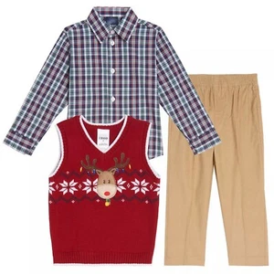 Baby Boy IZOD 3pcs Christmas Reindeer Sweater Vest Shirt Pants Set 18 months - Picture 1 of 5