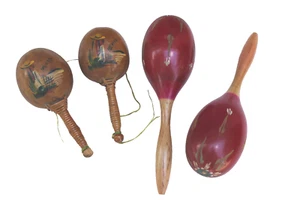 2 PAIR VINTAGE MARACAS PERCUSSION GOURDS MEXICO RED PAIR & NATURAL PAIR SHAKERS - Picture 1 of 5