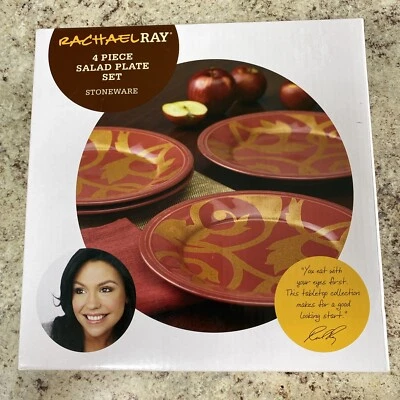 Rachael Ray Dinnerware -  Gold Scroll - 4 Salad Plate Set - Cranberry Red - Image 1 of 3