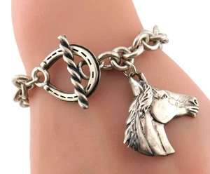 925 Sterling Silver Rolo Link Equestrian Horse Charm & Shoe Toggle Bracelet - Picture 1 of 13