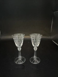 Pair Fostoria ROMANCE  CRYSTAL Cordial Glasses Etched Bow & Swag Motif 4” T - Picture 1 of 4