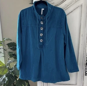 Lulu-B Sweatshirt Women's Large Blue Long Pullover Large Buttons Mock Neck - Picture 1 of 6