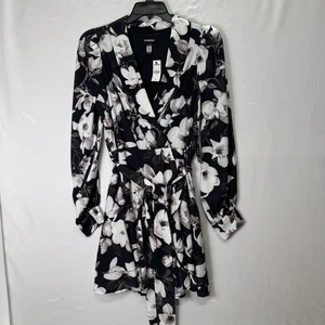 Express Minikleid M Damen Bindeband Taille Blumenmuster Stufen Rüschen Schwarz Weiß Neu - Bild 1 von 18