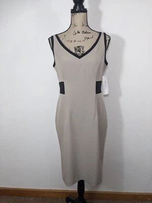 KASPER Dress sz 6 Tan Black Career Office V-Neck Sheath Sleeveless Knee Length - Image 1 of 4