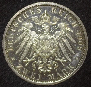 GERMANY SCHWARTZBURG SONDERSHAUSEN 1905 SILVER 2 MARK KM152 BRILLIANT PROOF ~19B - Picture 1 of 2