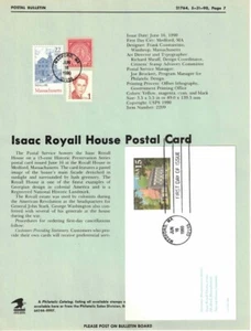 #UX148 Isaac Royall House Stamped Postal Card- Postal Bulletin Flat w/Tied FDC - Picture 1 of 1