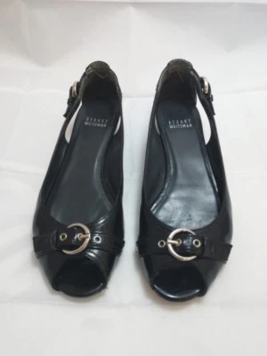 $225 Stuart Weitzman Chitchat Peep Toe Toe Buckle Ballet Flats 7.5 Gloss Black - Image 1 of 4