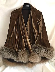 Vintage Brown Velvet SWING OPERA Cape, Beautiful Natural Fox Fur Trim ONE SIZE - Picture 1 of 12