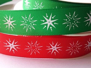 1M CHRISTMAS SNOWFLAKE/STAR Red or Green Ribbon 22mm Grosgrain Trimming-Crafts - Picture 1 of 7