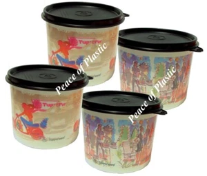Tupperware New Set 4 Mini Izak Storage Canisters ~Friends Design Black Seals - Picture 1 of 3
