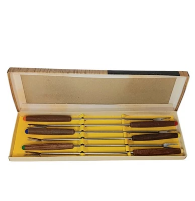 Vintage  Stainless Steel Fondue Forks Assorted Colors Wooden Handles W/Box - Image 1 of 4