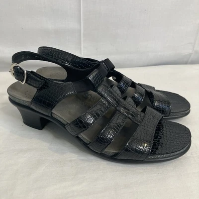 SAS Allegro Heel Strap Sandal Women 8 Black Croc Leather Comfort Kitten Heel - Image 1 of 4