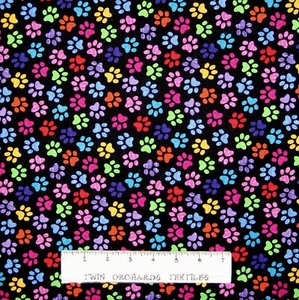 Animal Fabric - Rainbow Cat Dog Paw Print on Black - Timeless Treasures YARD - Picture 1 of 1