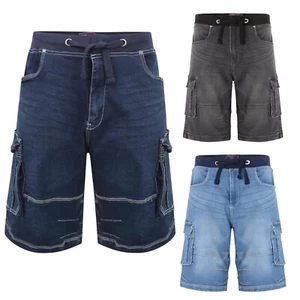 KAM Elasticated Denim Shorts Combat Cargo Pocket Holiday Summer Stretch Waist - Picture 1 of 10